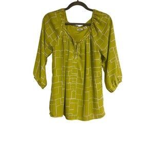 Cato Top Women's S Green White Geometric Peasant Blouse Lightweight Lined Flowy